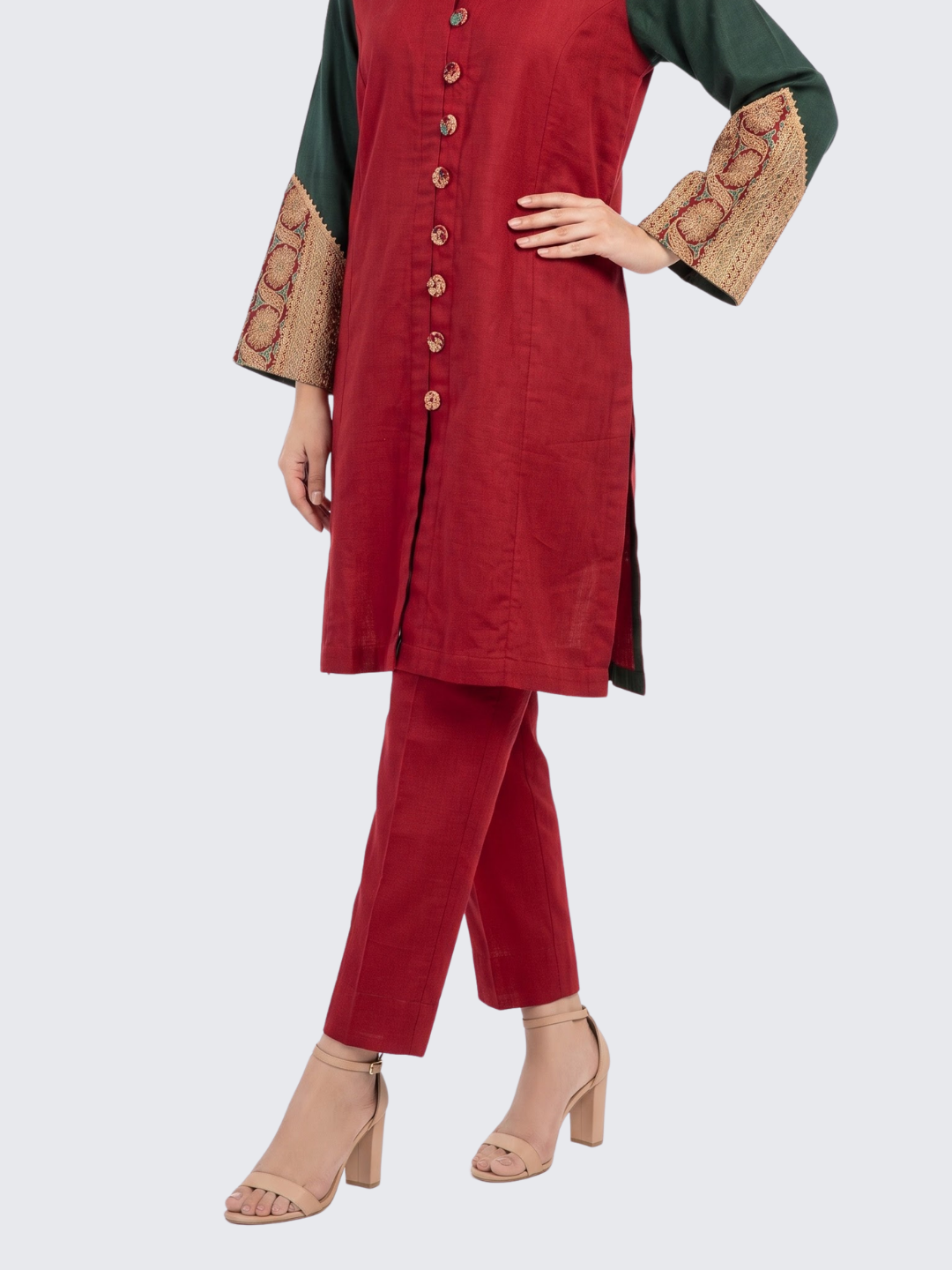 Red Linen Indo Western with Zari Embroidery 5