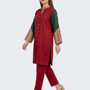 Red Linen Indo Western with Zari Embroidery 4