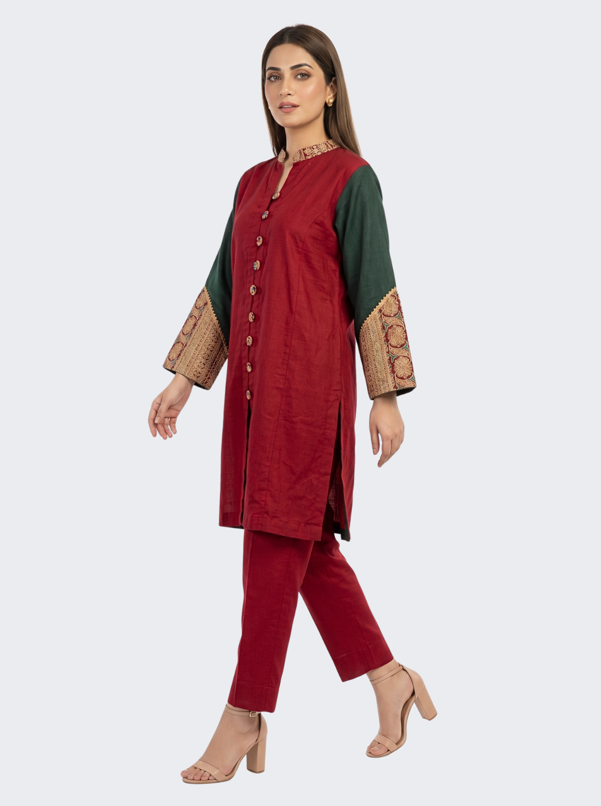Red Linen Indo Western with Zari Embroidery 4