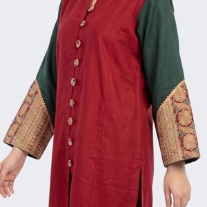 Red Linen Indo Western with Zari Embroidery 3