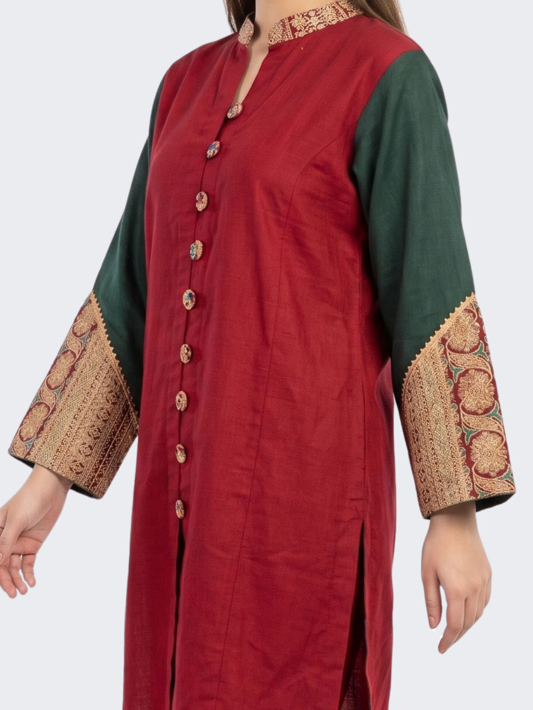 Red Linen Indo Western with Zari Embroidery 3