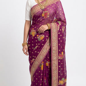 Wine Georgette Unstitched Saree With Zarkan, Cut Dana, Dabka & Zari Work