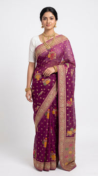Wine Georgette Unstitched Saree With Zarkan, Cut Dana, Dabka & Zari Work
