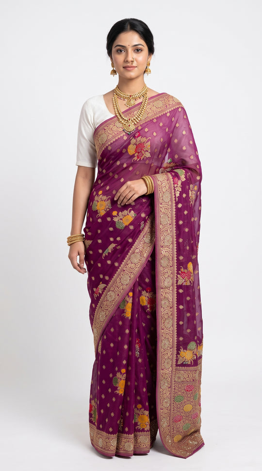 Wine Georgette Unstitched Saree With Zarkan, Cut Dana, Dabka & Zari Work