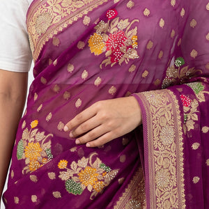 Wine Georgette Unstitched Saree With Zarkan, Cut Dana, Dabka & Zari Work