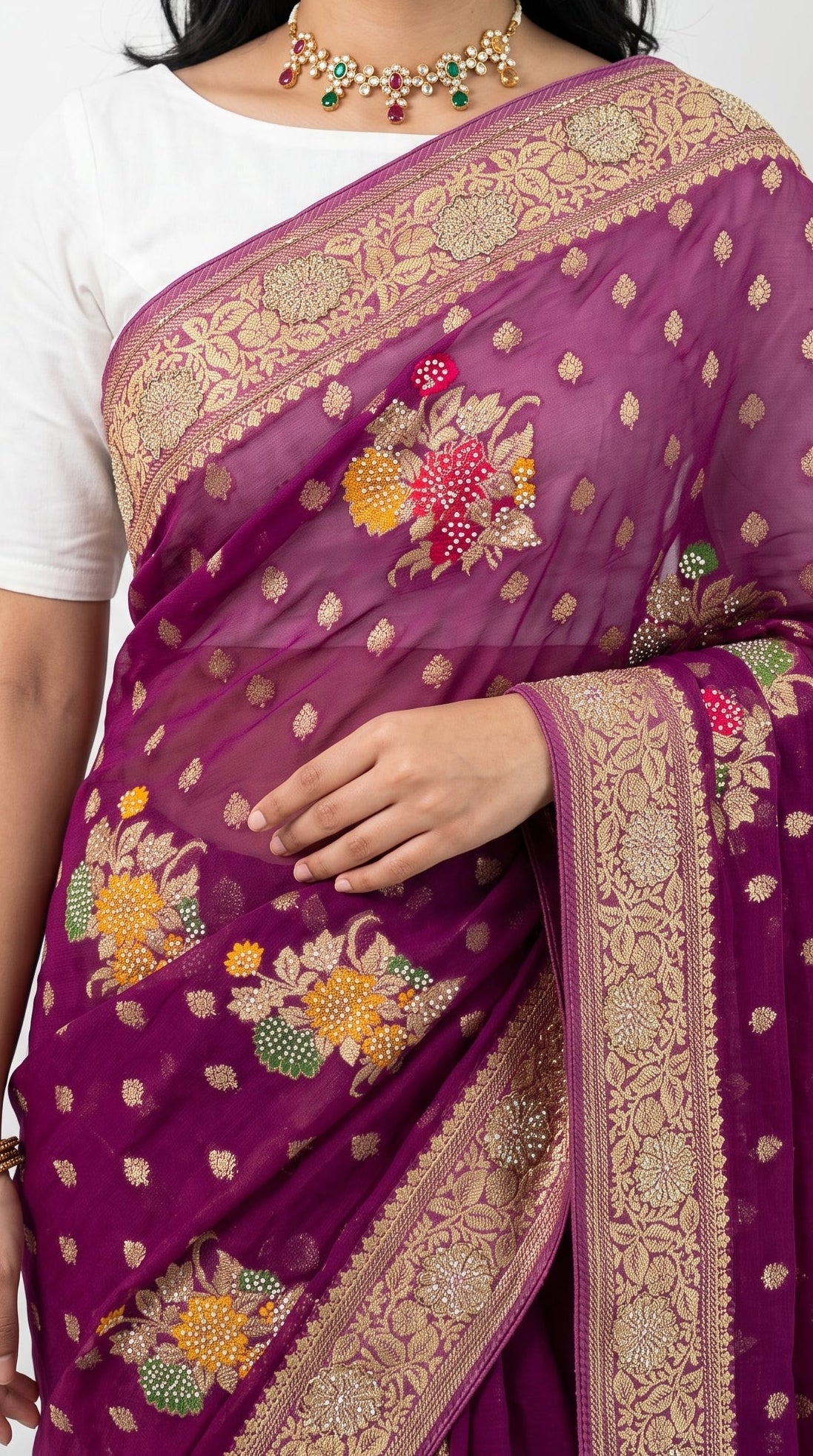 Wine Georgette Unstitched Saree With Zarkan, Cut Dana, Dabka & Zari Work