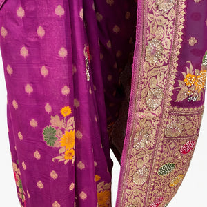 Wine Georgette Unstitched Saree With Zarkan, Cut Dana, Dabka & Zari Work