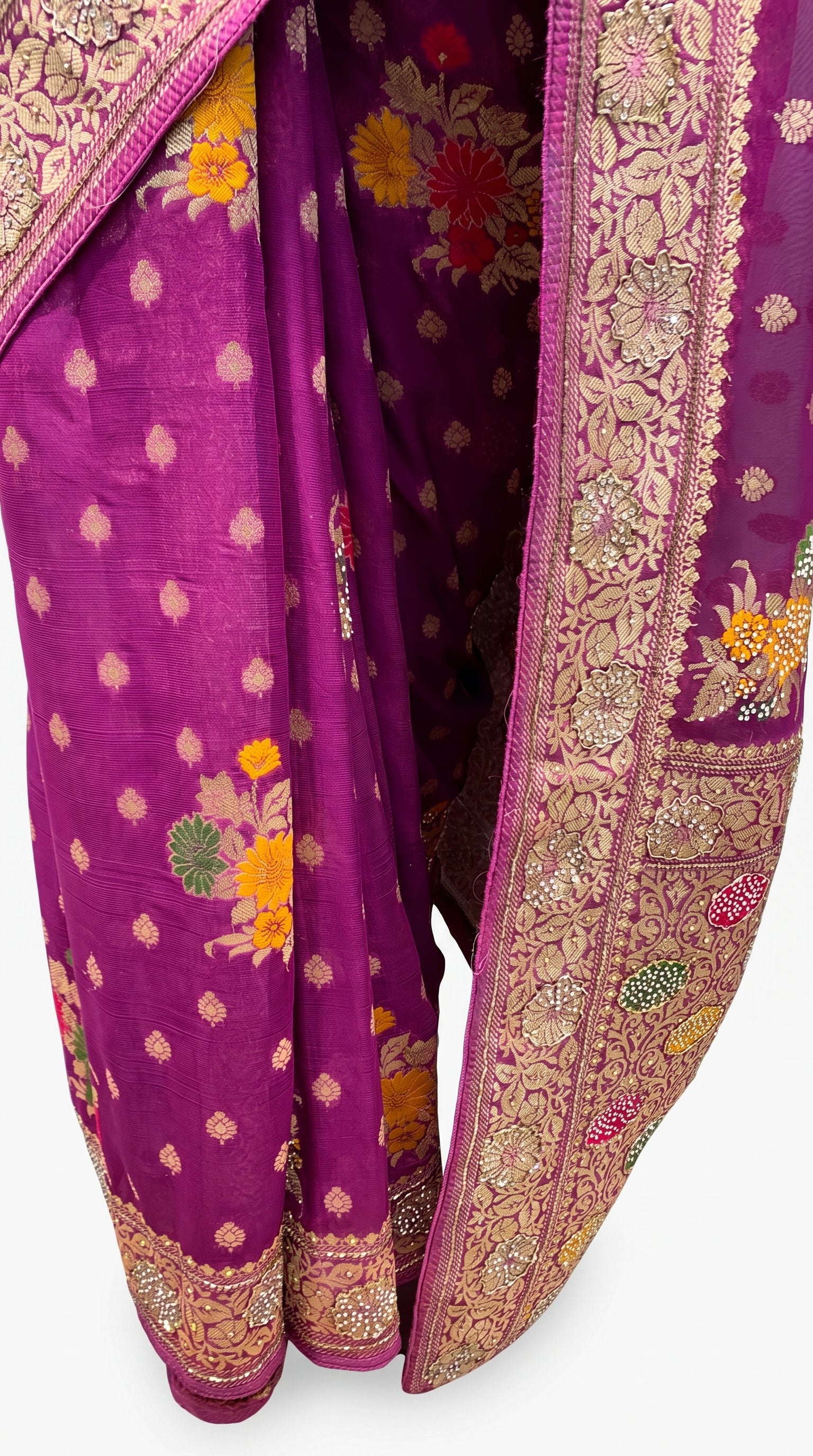Wine Georgette Unstitched Saree With Zarkan, Cut Dana, Dabka & Zari Work