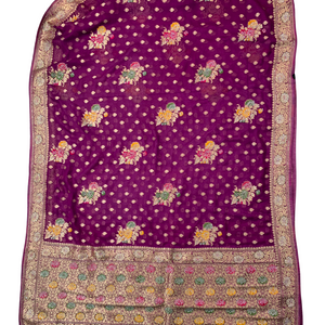 Wine Georgette Unstitched Saree With Zarkan, Cut Dana, Dabka & Zari Work