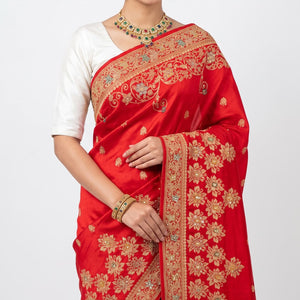 Red Silk Unstitched Saree Embellished with Cut Dana,Chandala & Dabka Work