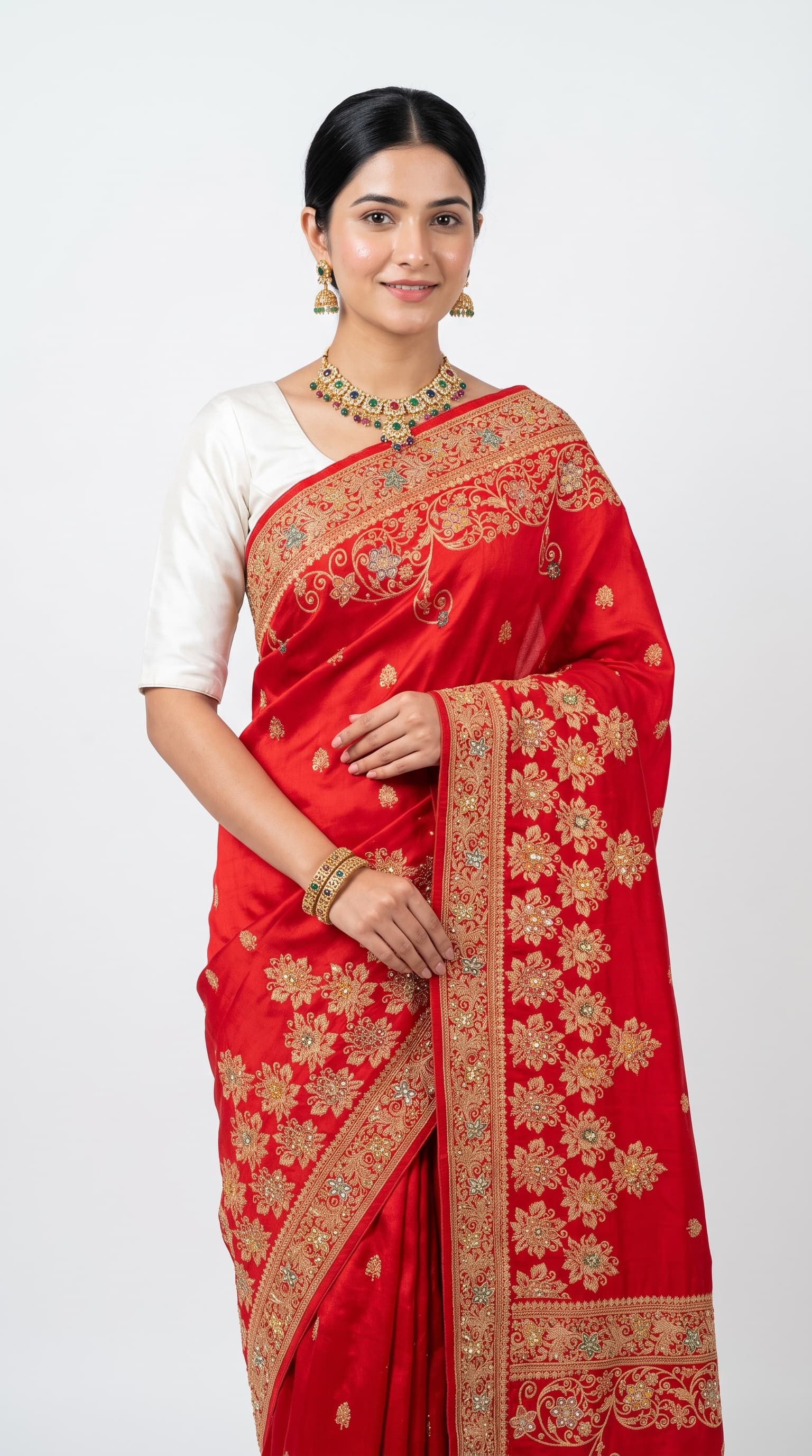 Red Silk Unstitched Saree Embellished with Cut Dana,Chandala & Dabka Work