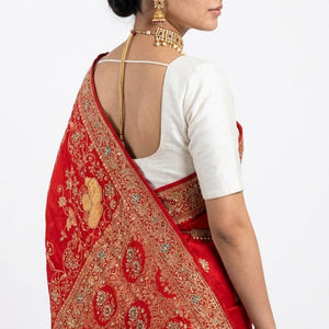 Red Silk Unstitched Saree Embellished with Cut Dana,Chandala & Dabka Work