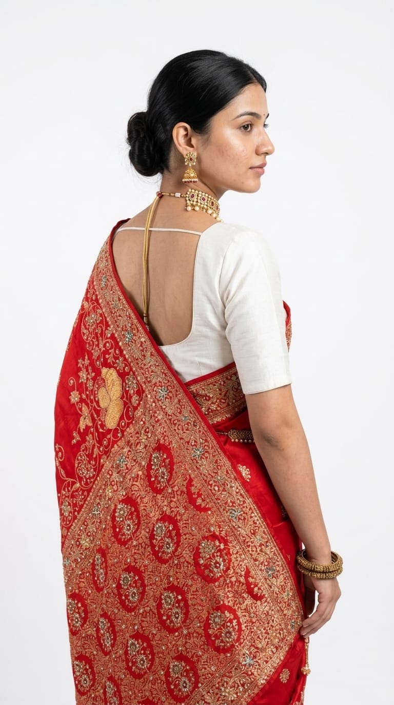 Red Silk Unstitched Saree Embellished with Cut Dana,Chandala & Dabka Work