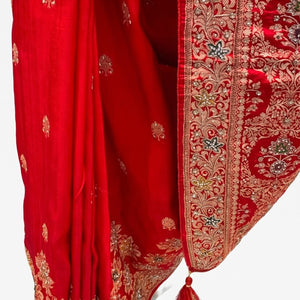 Red Silk Unstitched Saree Embellished with Cut Dana,Chandala & Dabka Work
