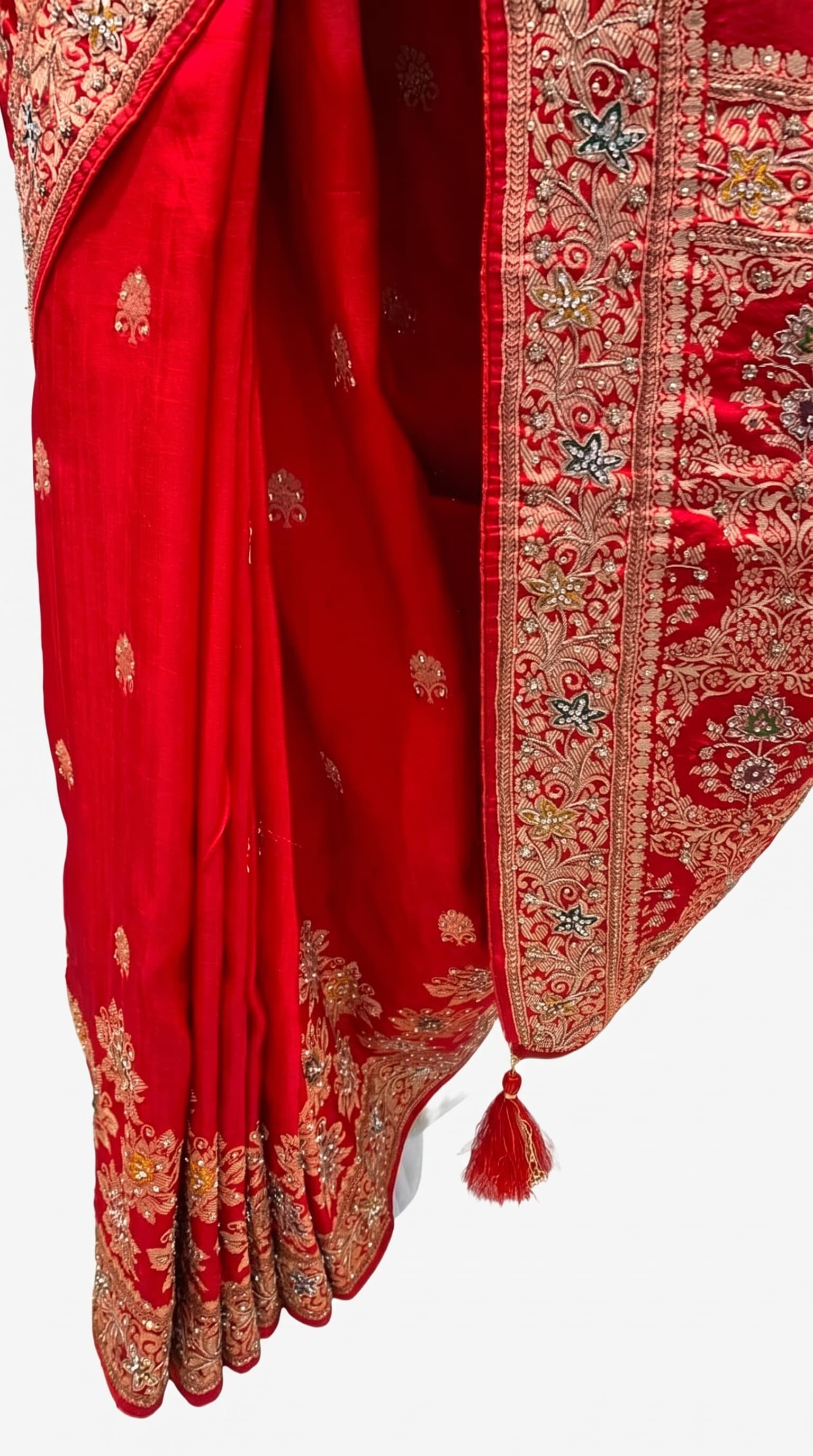 Red Silk Unstitched Saree Embellished with Cut Dana,Chandala & Dabka Work