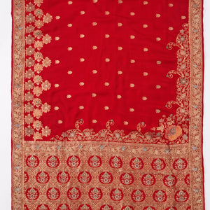 Red Silk Unstitched Saree Embellished with Cut Dana,Chandala & Dabka Work