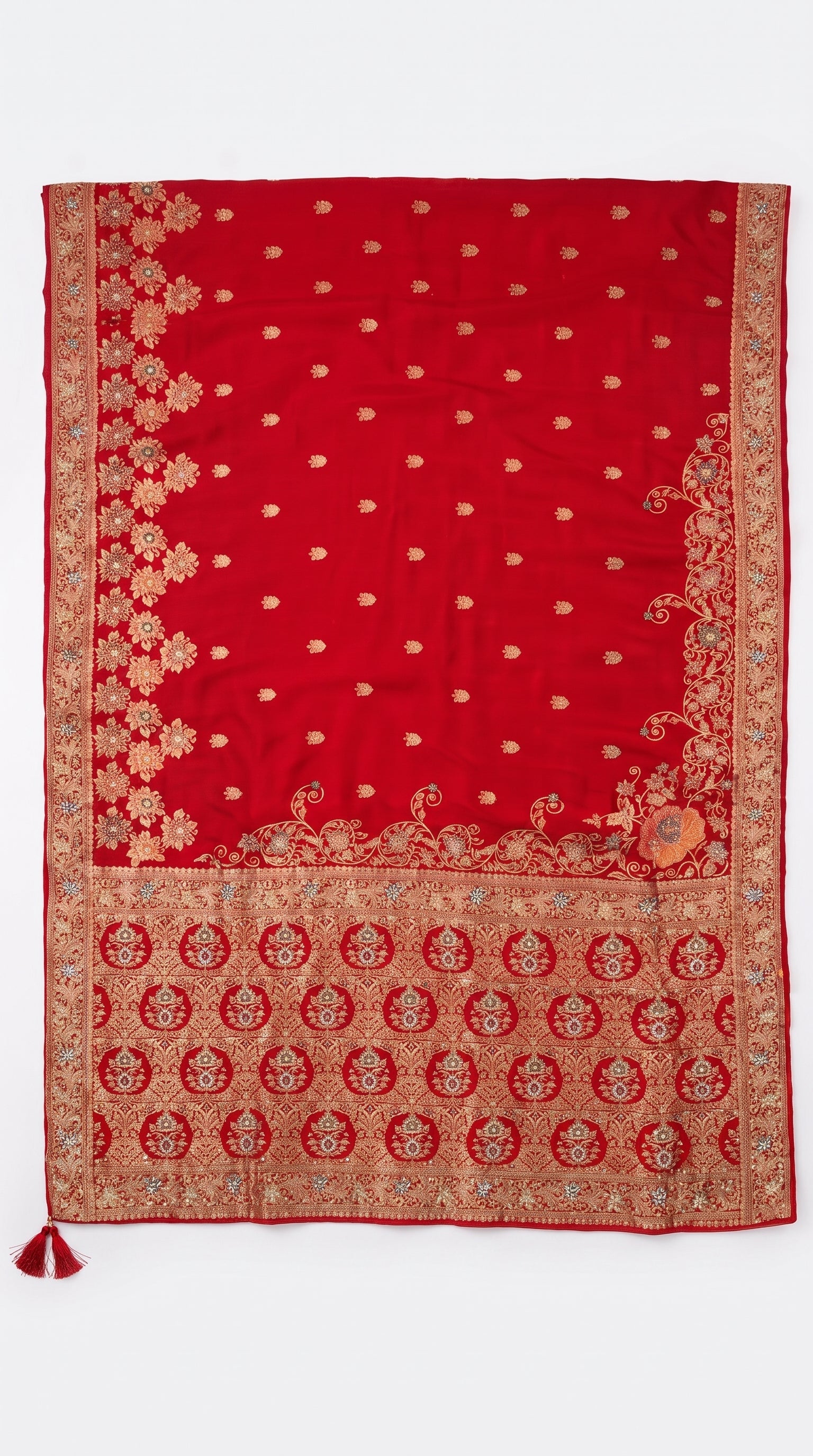 Red Silk Unstitched Saree Embellished with Cut Dana,Chandala & Dabka Work
