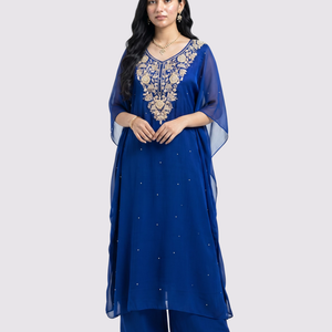 Blue Chinon Indo Western with Cutdana, Sequins and Pearl Embroidery 1
