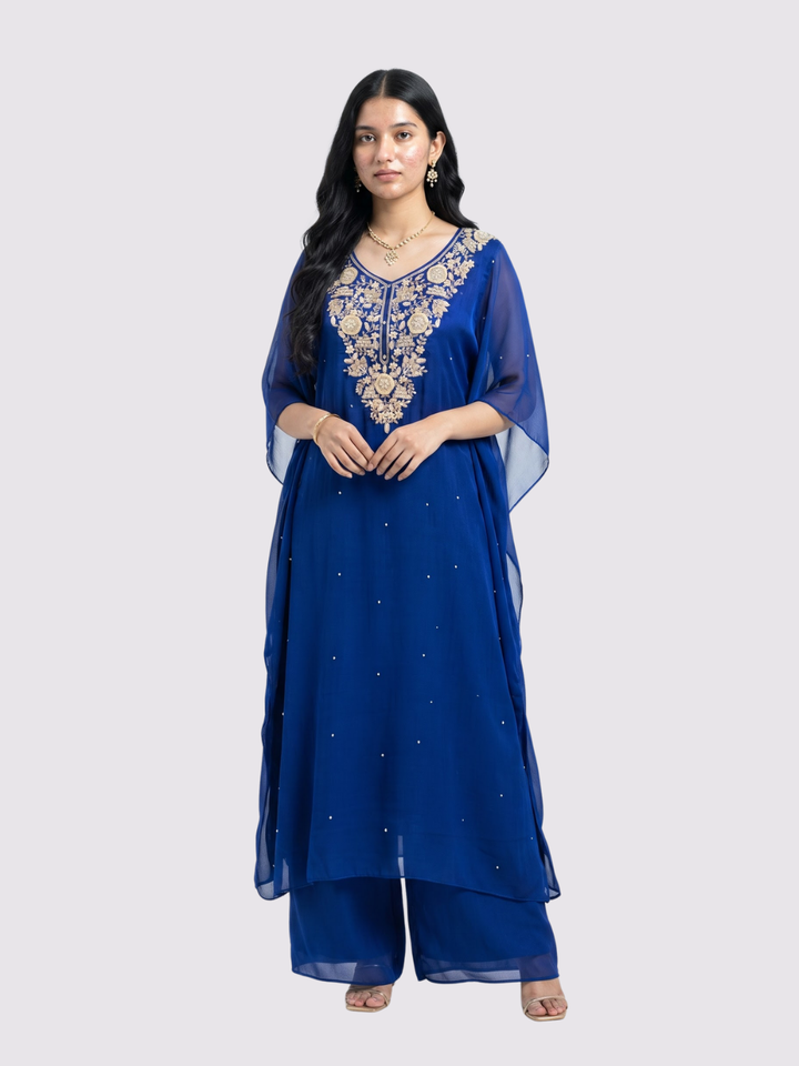Blue Chinon Indo Western with Cutdana, Sequins and Pearl Embroidery 1