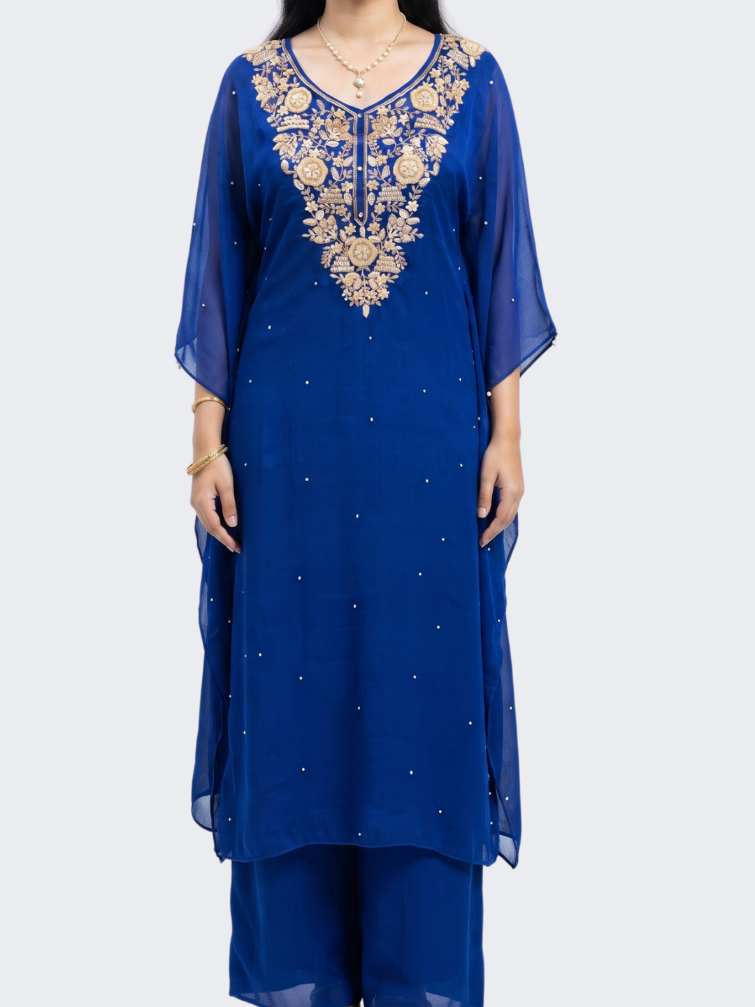 Blue Chinon Indo Western with Cutdana, Sequins and Pearl Embroidery 2