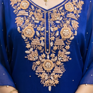Blue Chinon Indo Western with Cutdana, Sequins and Pearl Embroidery 3