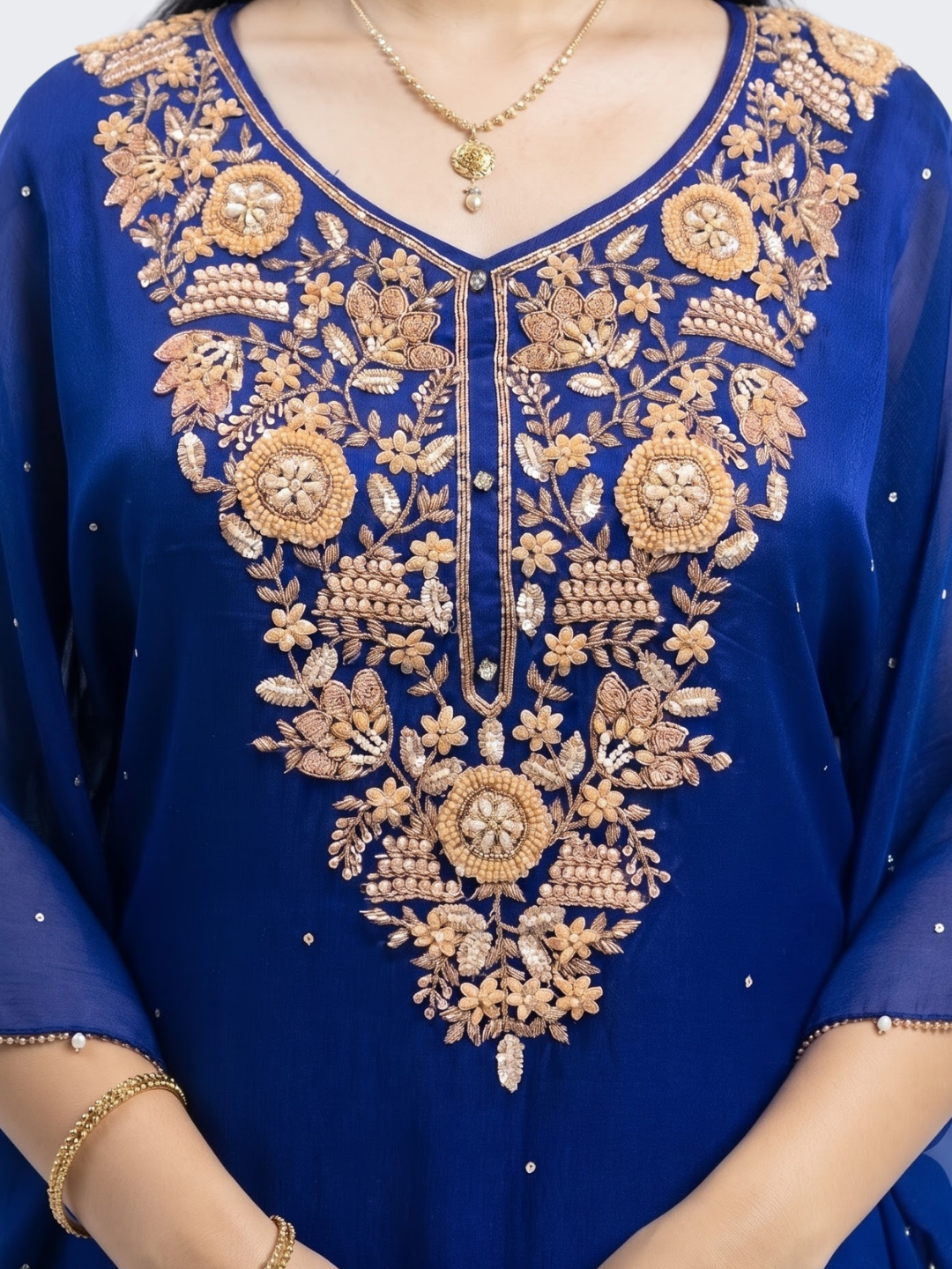 Blue Chinon Indo Western with Cutdana, Sequins and Pearl Embroidery 3