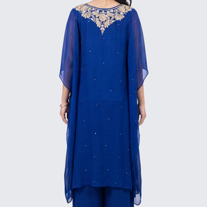 Blue Chinon Indo Western with Cutdana, Sequins and Pearl Embroidery 6
