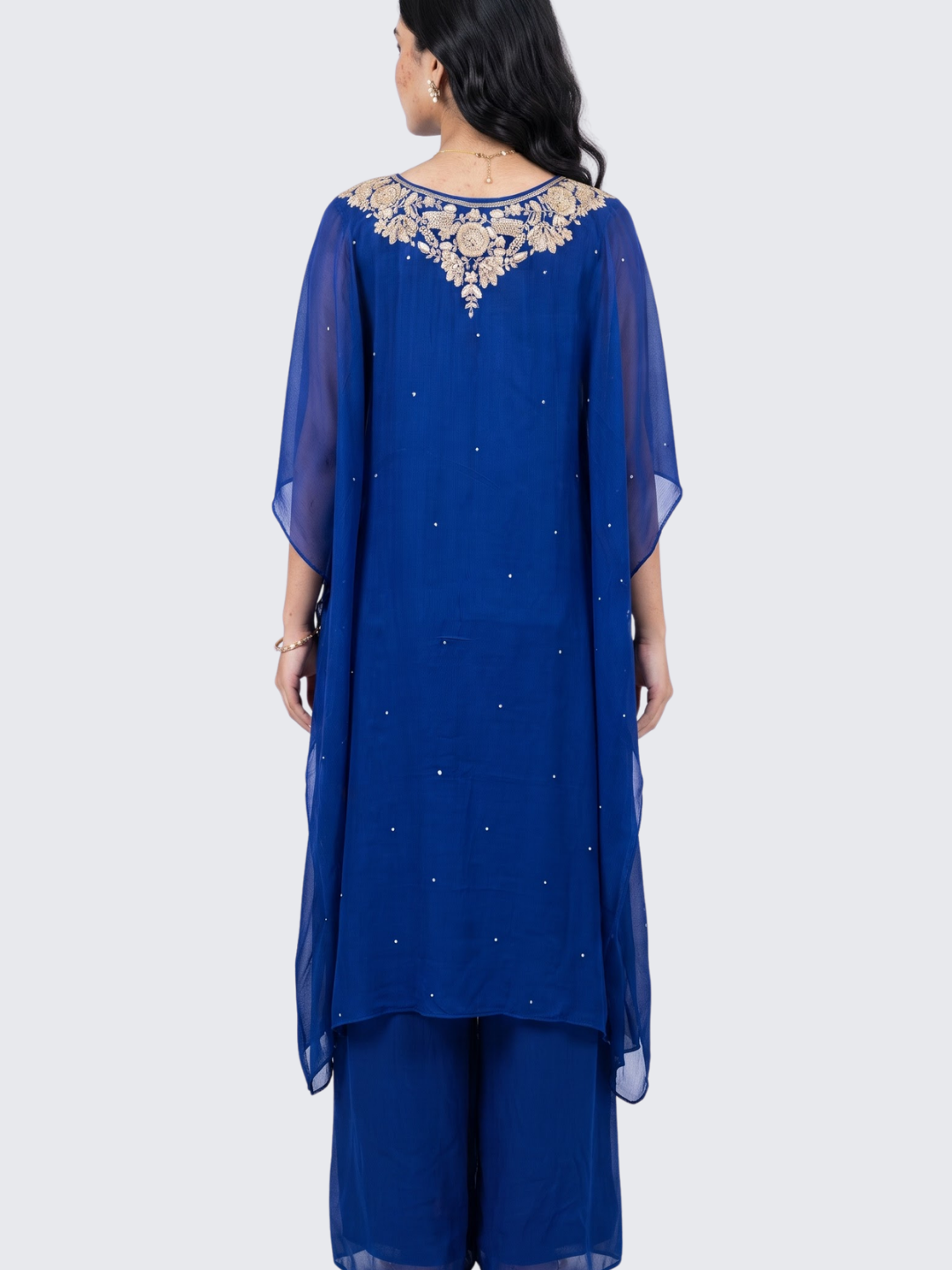 Blue Chinon Indo Western with Cutdana, Sequins and Pearl Embroidery 6