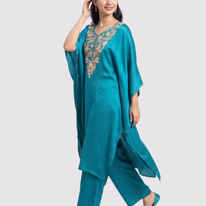Firozi Chinon Indo Western with Cutdana, Sequins and Pearl Embroidery 1