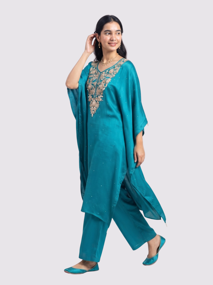 Firozi Chinon Indo Western with Cutdana, Sequins and Pearl Embroidery 1