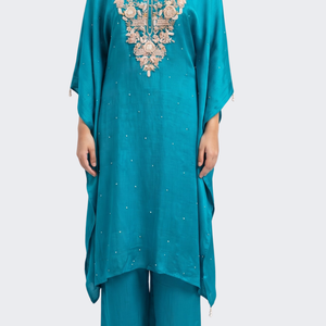 Firozi Chinon Indo Western with Cutdana, Sequins and Pearl Embroidery 2