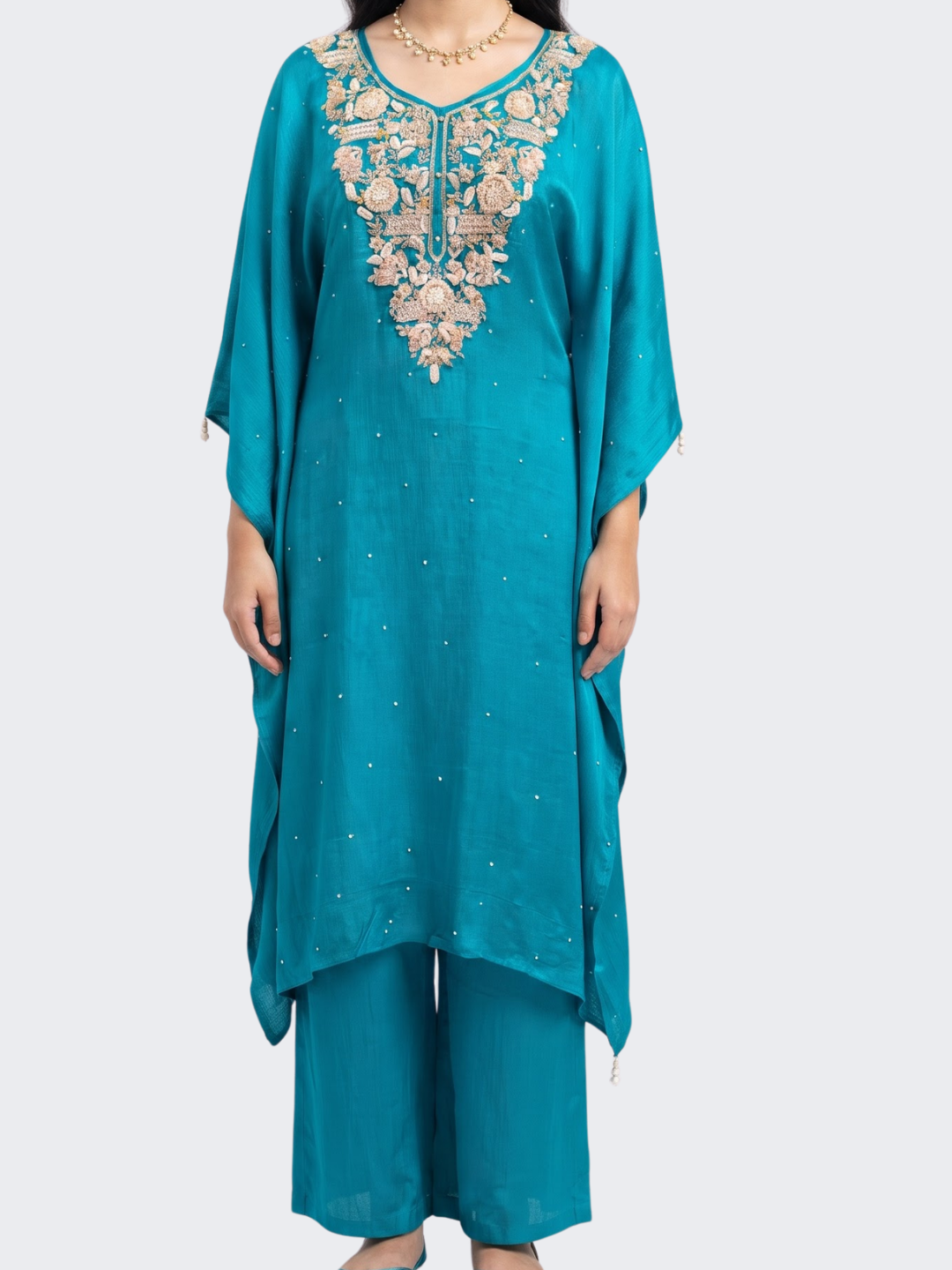 Firozi Chinon Indo Western with Cutdana, Sequins and Pearl Embroidery 2