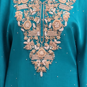 Firozi Chinon Indo Western with Cutdana, Sequins and Pearl Embroidery 3