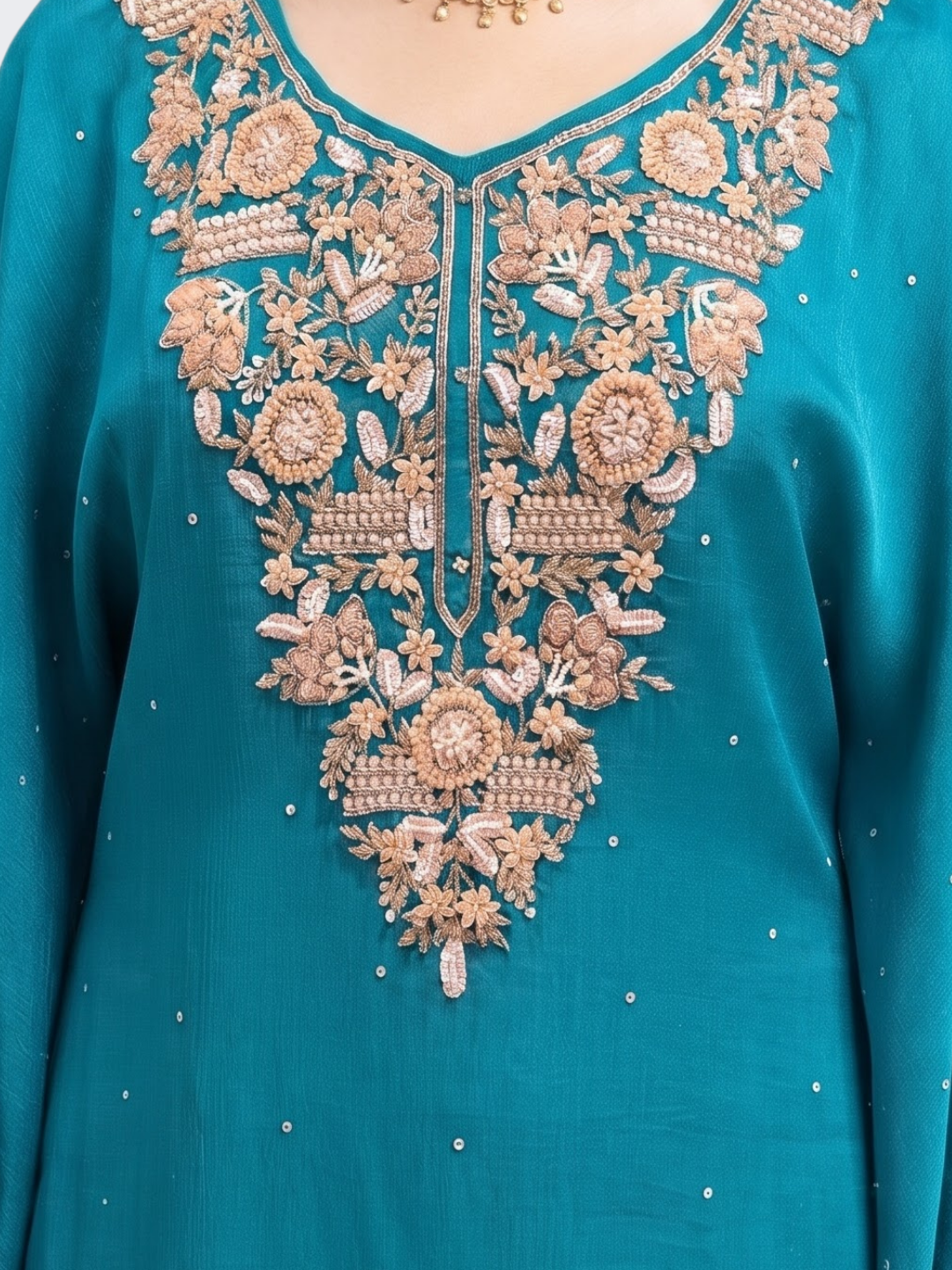 Firozi Chinon Indo Western with Cutdana, Sequins and Pearl Embroidery 3