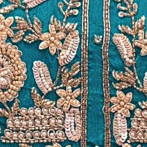 Firozi Chinon Indo Western with Cutdana, Sequins and Pearl Embroidery 4