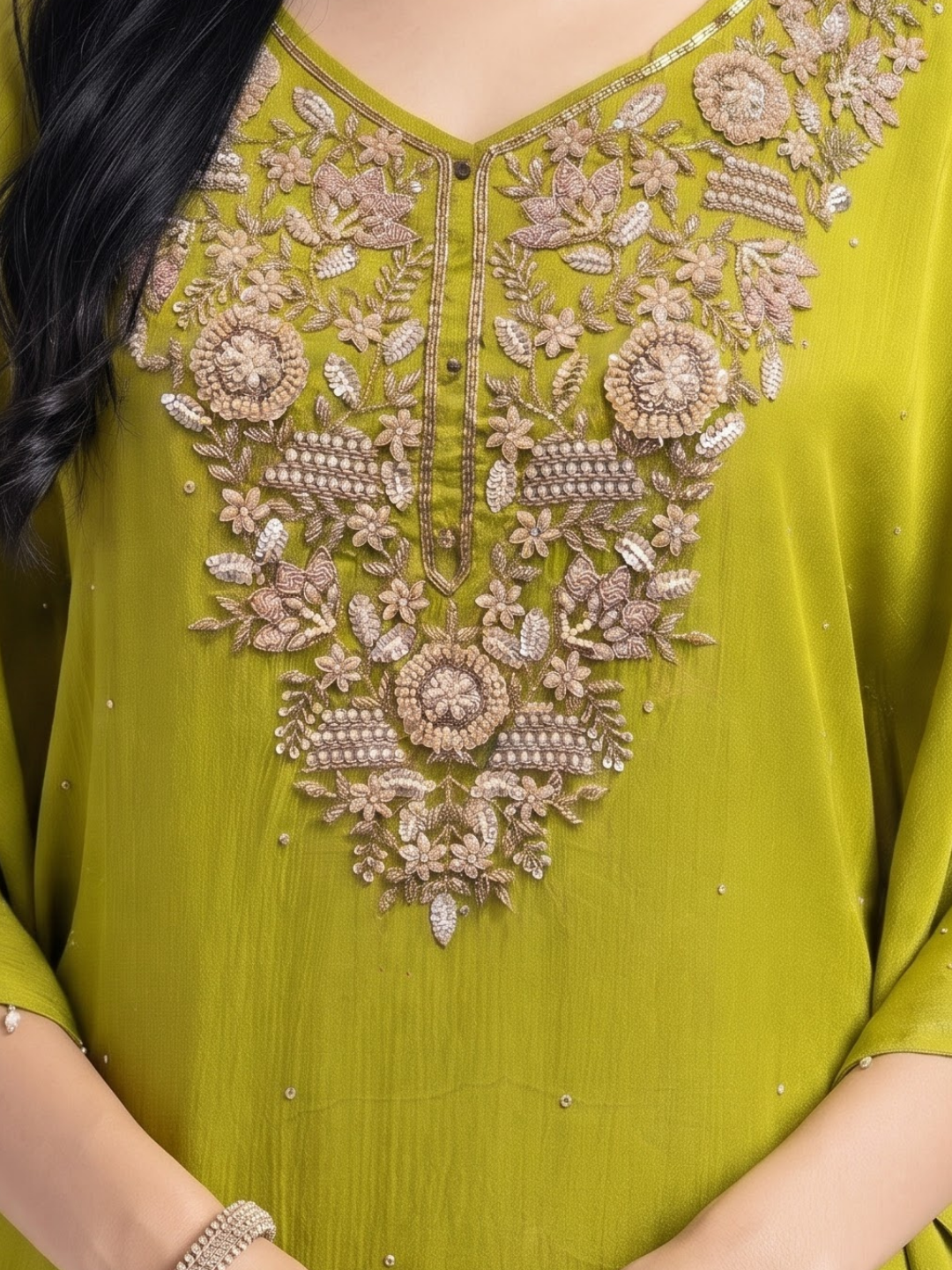Suhij Green Chinon Indo Western with Cutdana, Sequins and Pearl Embroidery 3