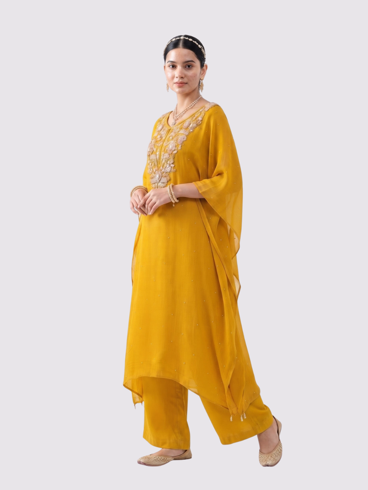 Suhij Yellow Chinon Indo Western with Cutdana, Sequins and Pearl Embroidery 1