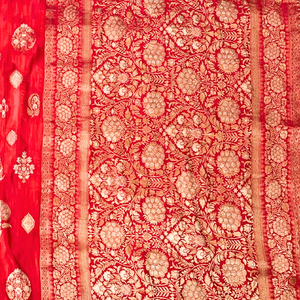 Red Banarasi Silk Saree with Stitched Blue Blouse and Weaving Work