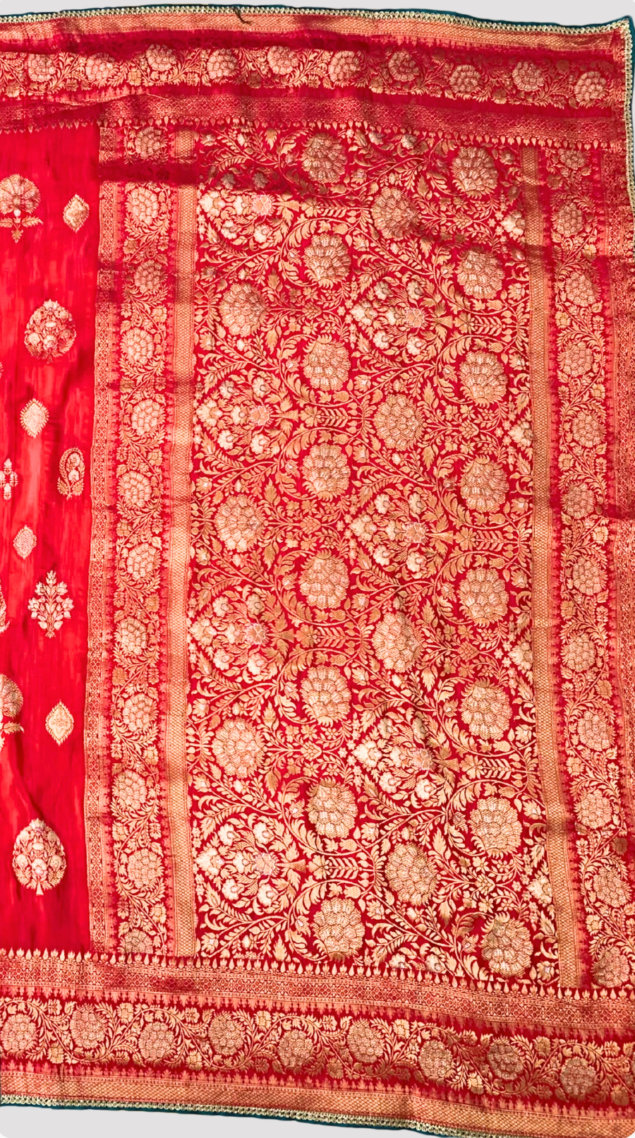 Red Banarasi Silk Saree with Stitched Pink Blouse and Weaving Work