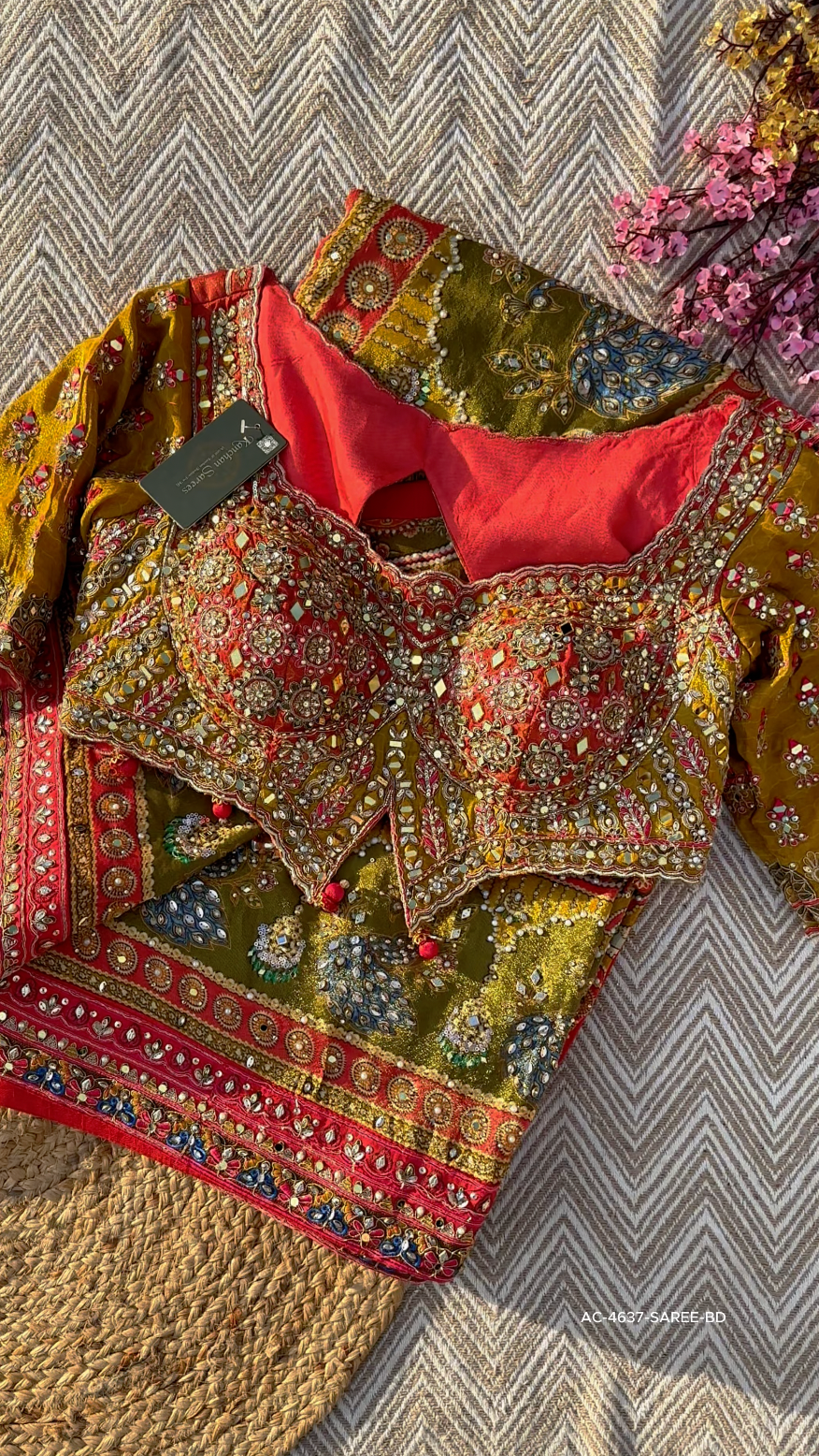 Moss Green Tissue Saree with Zari, Mirror & Stone Work