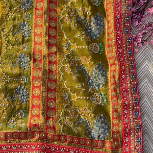 Moss Green Tissue Saree with Zari, Mirror & Stone Work