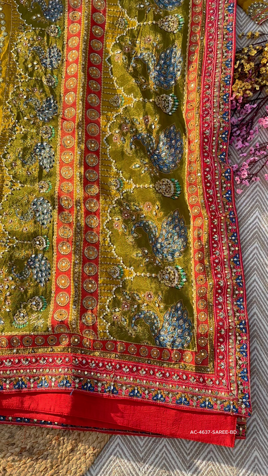 Moss Green Tissue Saree with Zari, Mirror & Stone Work