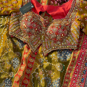 Moss Green Tissue Saree with Zari, Mirror & Stone Work