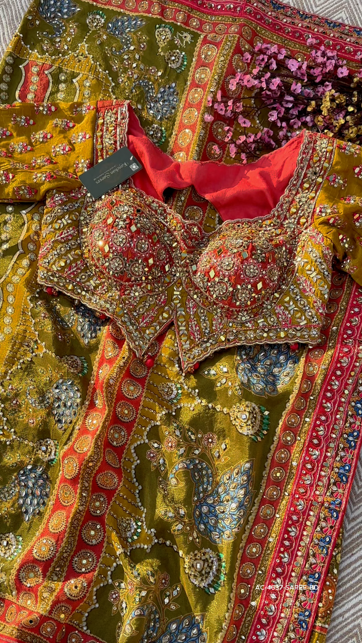 Moss Green Tissue Saree with Zari, Mirror & Stone Work
