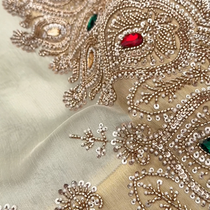 Golden Ivory Tissue Saree Embellished With Sequins, Moti & Cut Dana Work