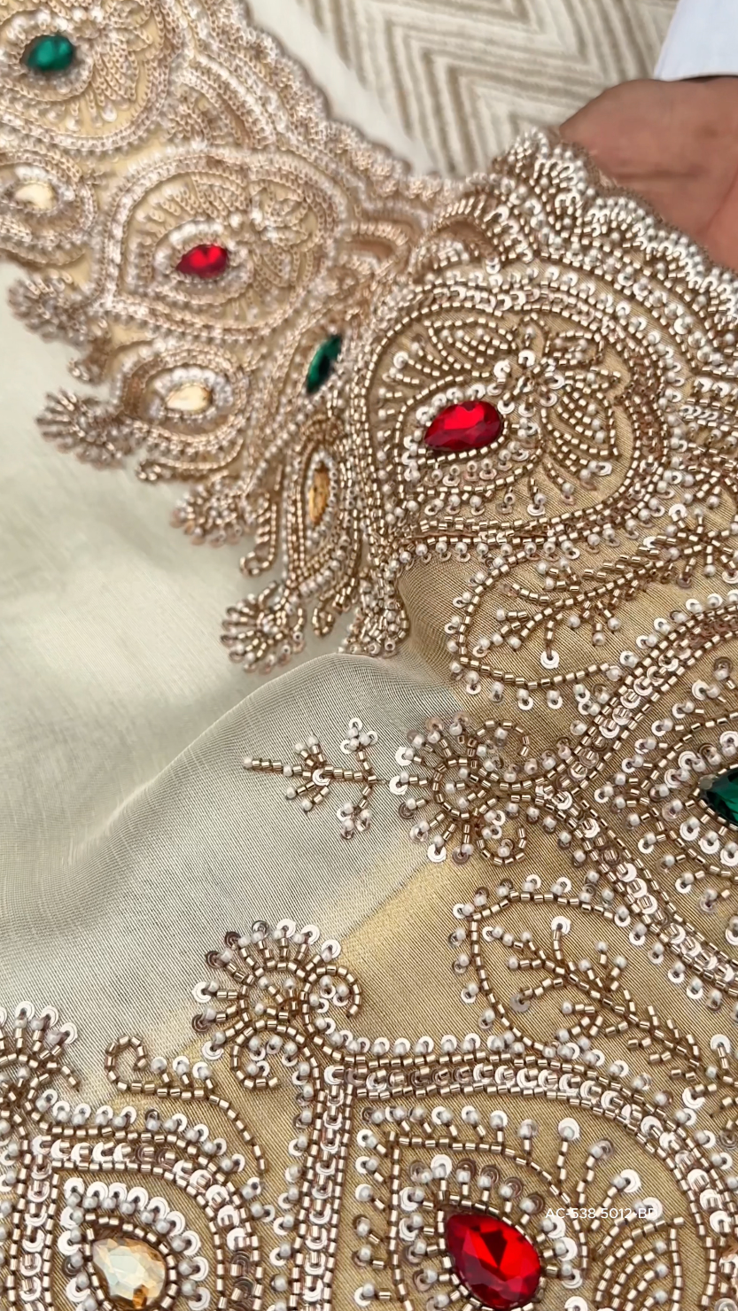 Golden Ivory Tissue Saree Embellished With Sequins, Moti & Cut Dana Work