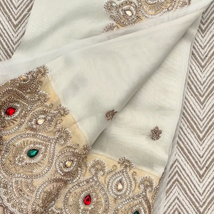 Golden Ivory Tissue Saree Embellished With Sequins, Moti & Cut Dana Work