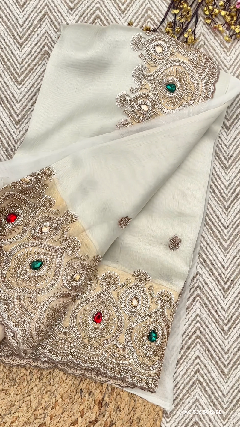 Golden Ivory Tissue Saree Embellished With Sequins, Moti & Cut Dana Work