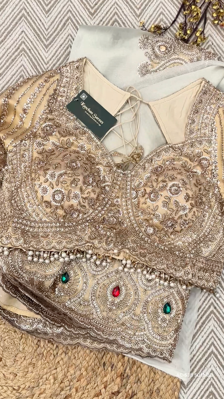 Golden Ivory Tissue Saree Embellished With Sequins, Moti & Cut Dana Work