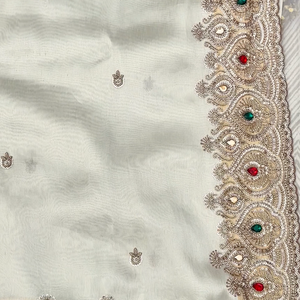 Golden Ivory Tissue Saree Embellished With Sequins, Moti & Cut Dana Work
